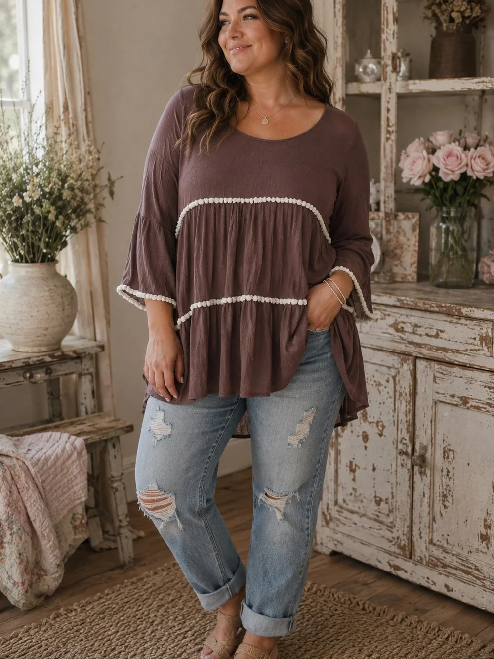 Umgee Boho Festival Tunic Blouse 1X Brown Cream Tiered Peasant Cottagecore - Picture 1 of 5